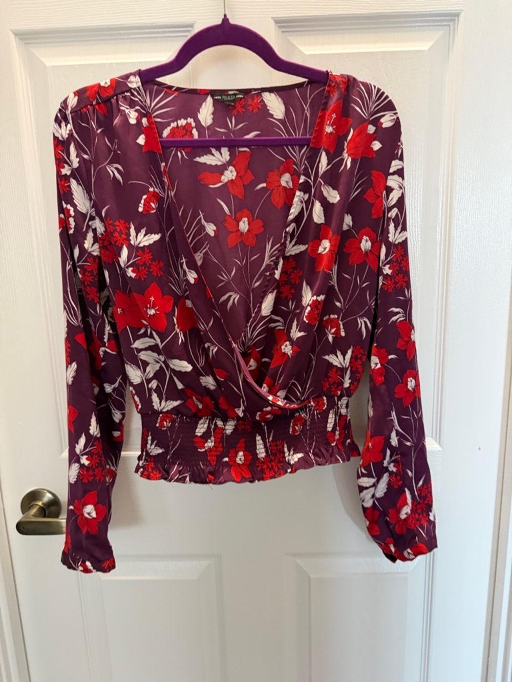 Guess Plum Floral Surplice Blouse with Red Accents